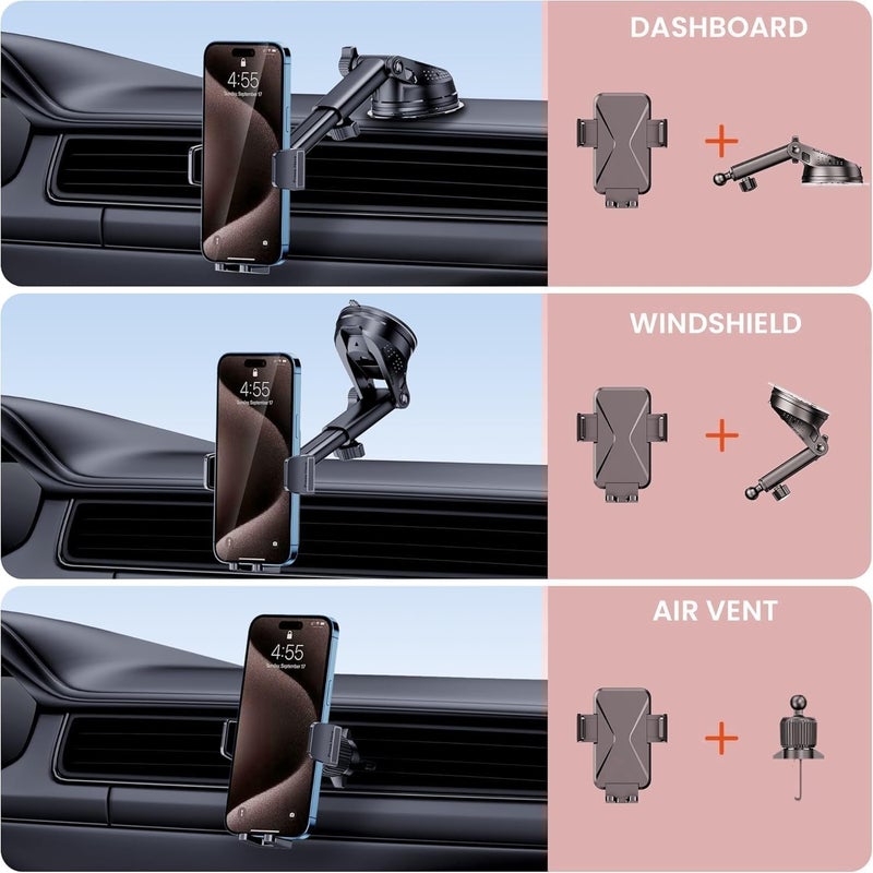DOLYOFG Universal Car Phone Mount Holder [3-in-1 Suction Cup] for Dashboard Windshield Air Vent, Military-Grade Adhesive Phone Car Mount, One Hand Release for iPhone Samsung Android Smartphones - Image 2